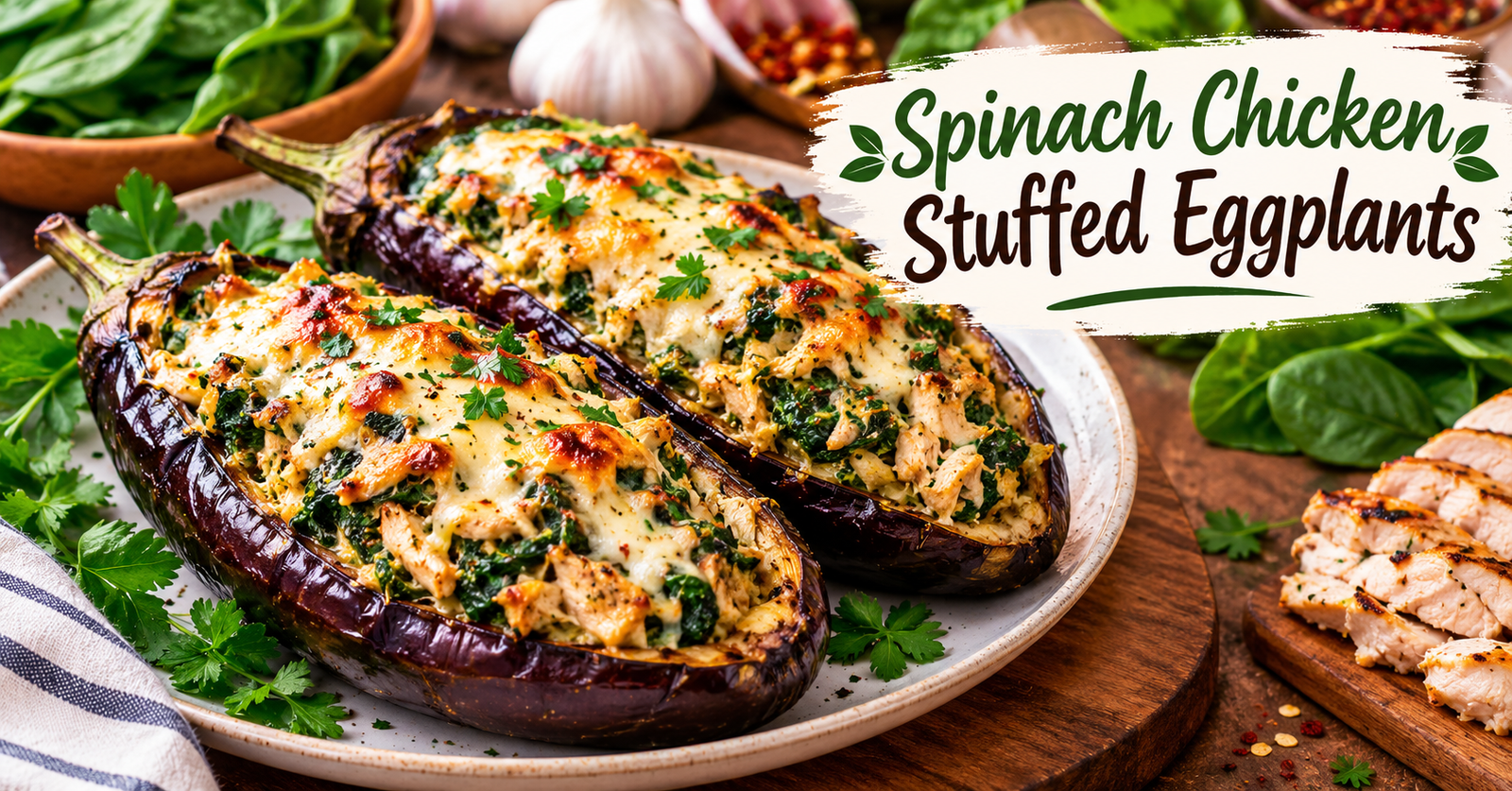 Spinach Chicken Stuffed Eggplants