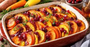 Layered Sweet Potato, Squash & Carrot Bake with Cranberry-Honey Drizzle