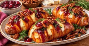 Cranberry Brie Hasselback Sweet Potatoes with Maple Pecans